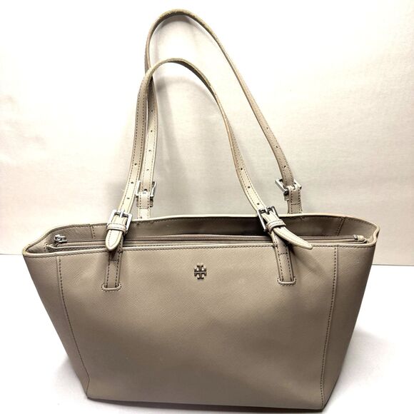 Tory Burch Gray Leather Tote Shoulder Bag Logo Purse Handbag Medium - Picture 1 of 14